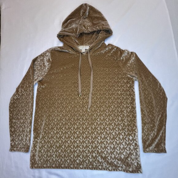 Michael Kors Women's Velour Monogram Logo Hoodie Size Medium Gold MK Print - Picture 2 of 5
